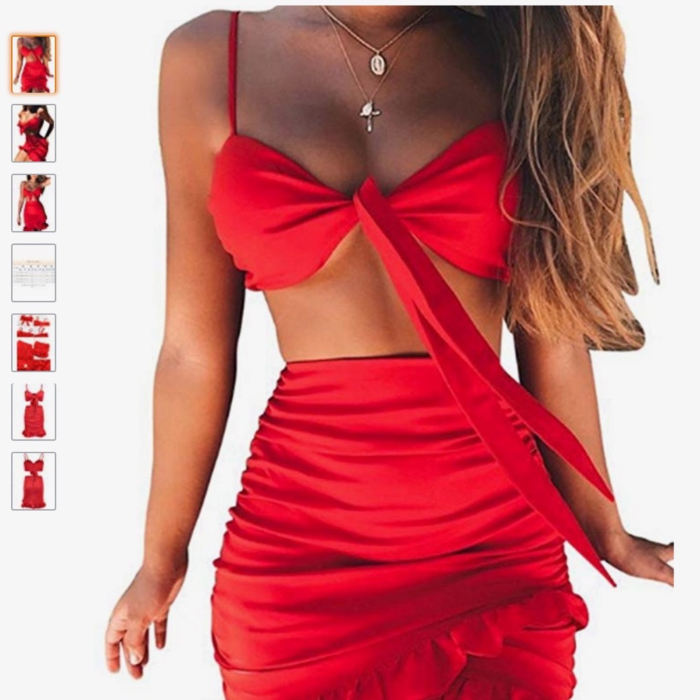 2 Piece Bow Tie Crop Top + Mini Ruffle Skirt
